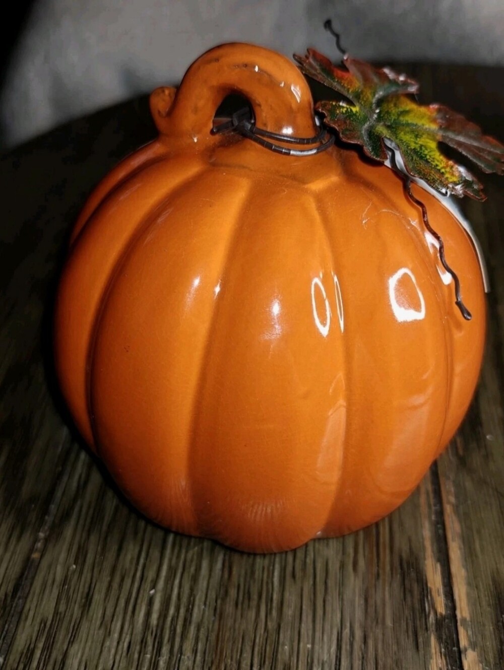 Ceramic Pumpkin w/ Metal Leaf Harvest Fall Autumn Decor Christmas Tree Shop 5"